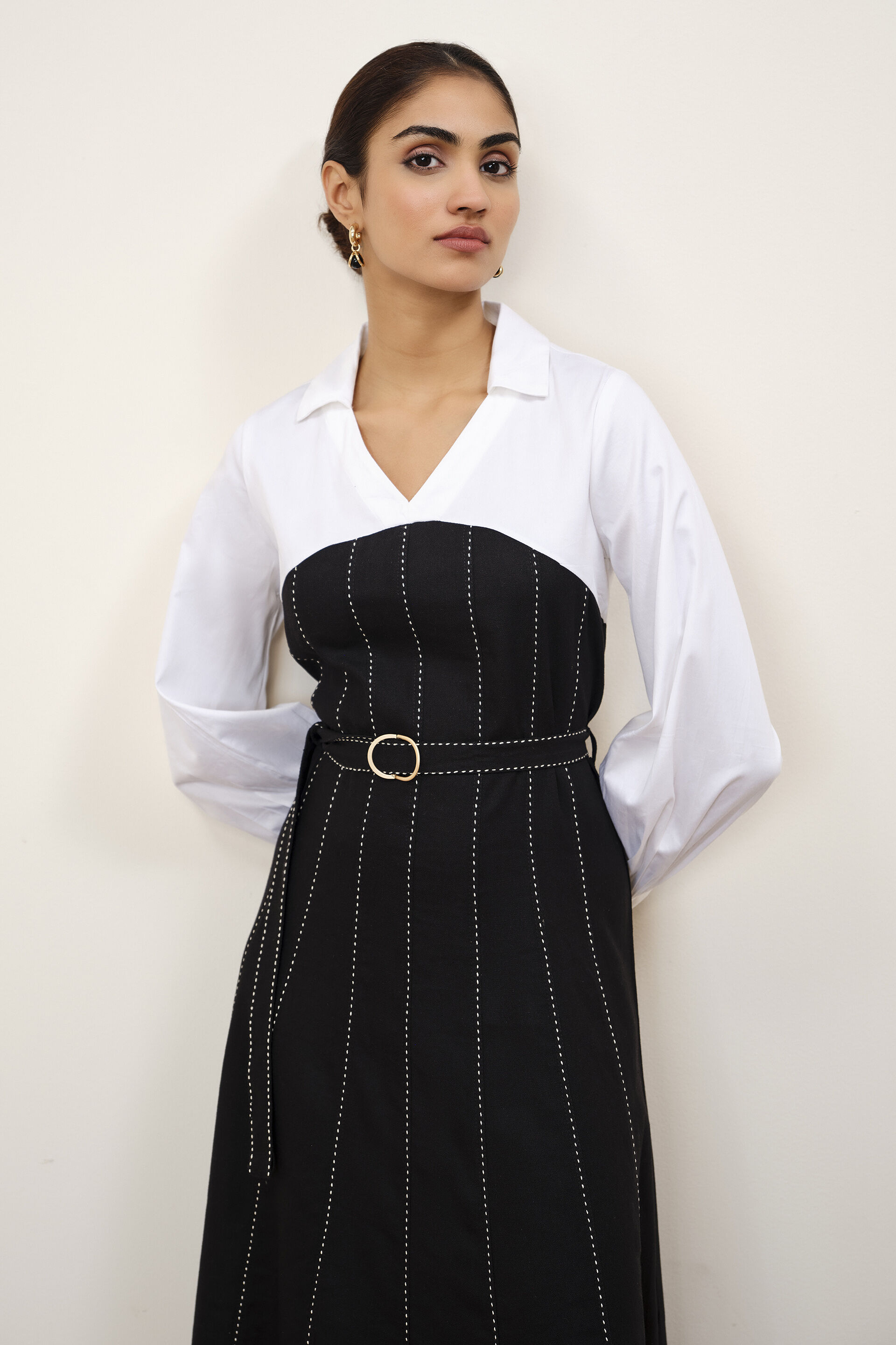 Dual-Tone Shirt Dress, White, image 4